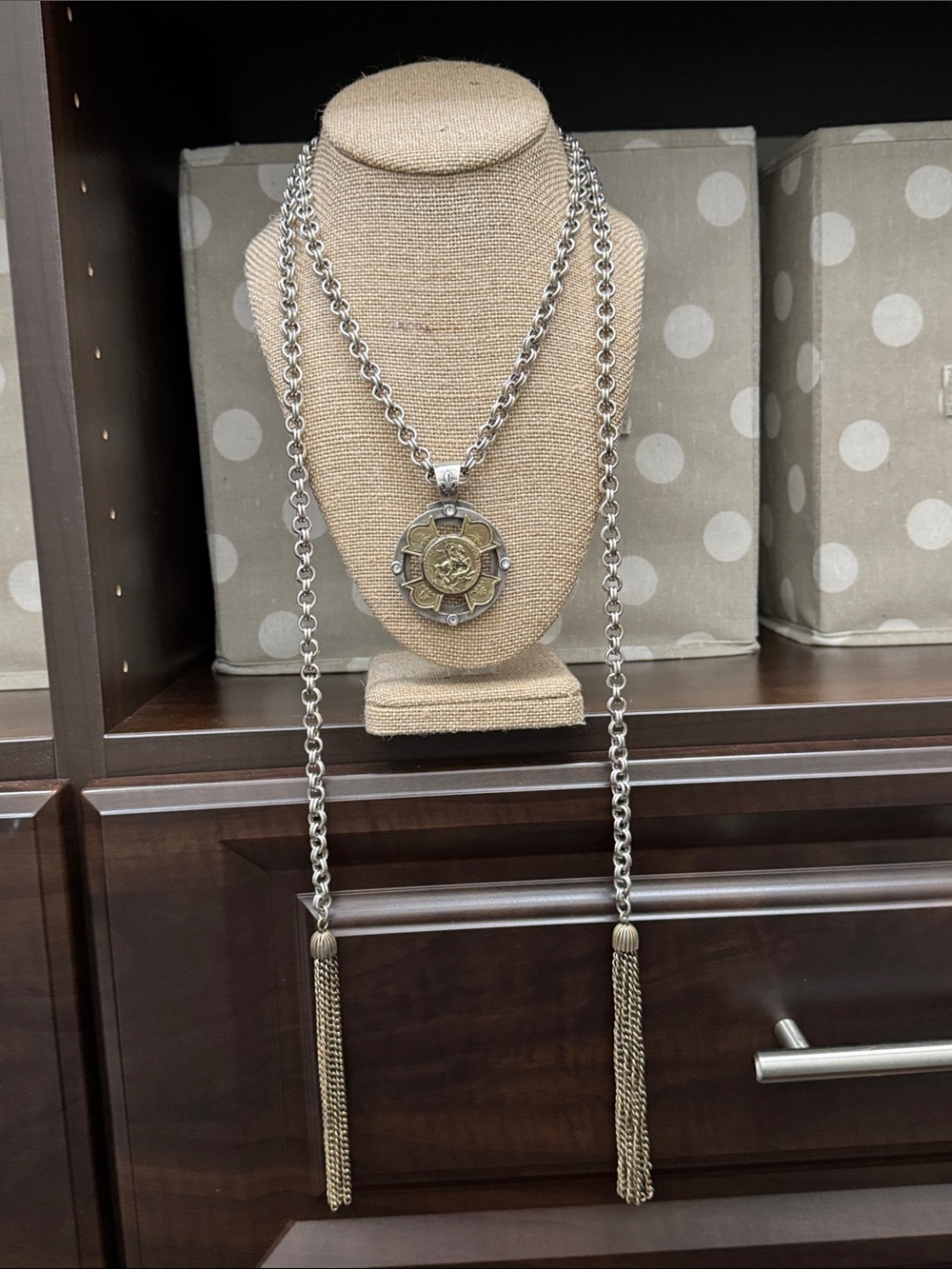 French Kande Silver and Brass Tone Layered Medallion Necklace with toggle closur